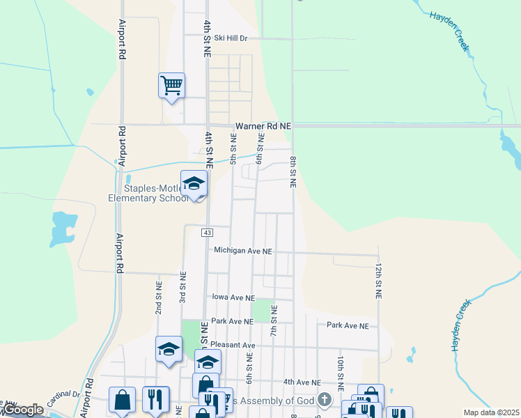 map of restaurants, bars, coffee shops, grocery stores, and more near 1002 6th Street Northeast in Staples