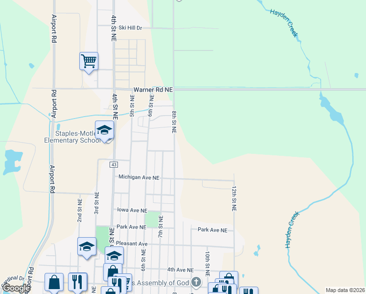 map of restaurants, bars, coffee shops, grocery stores, and more near 1010 8th Street Northeast in Staples