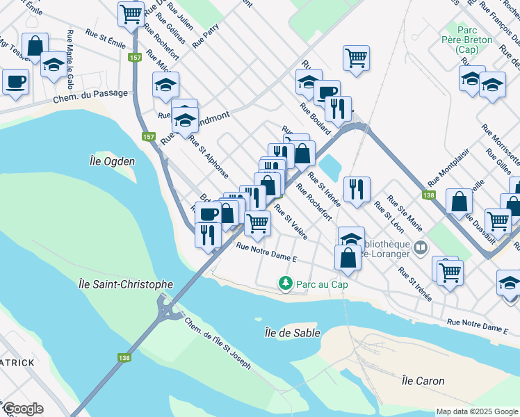 map of restaurants, bars, coffee shops, grocery stores, and more near 65 A Rue Fusey in Trois-Rivières