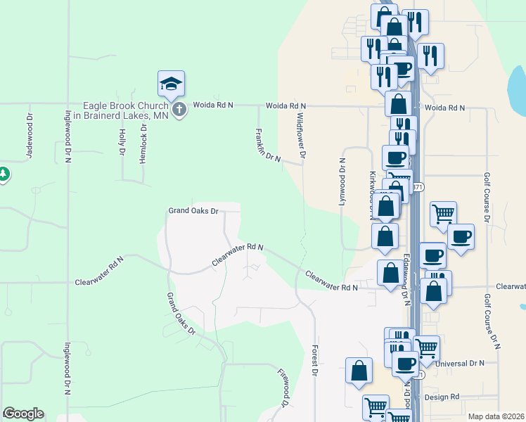 map of restaurants, bars, coffee shops, grocery stores, and more near 14706 Grand Oaks Drive in Baxter