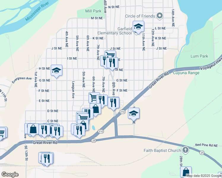 map of restaurants, bars, coffee shops, grocery stores, and more near 823 F Street Northeast in Brainerd