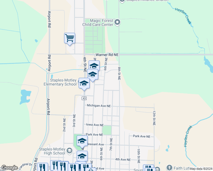 map of restaurants, bars, coffee shops, grocery stores, and more near 1002 6th Street Northeast in Staples