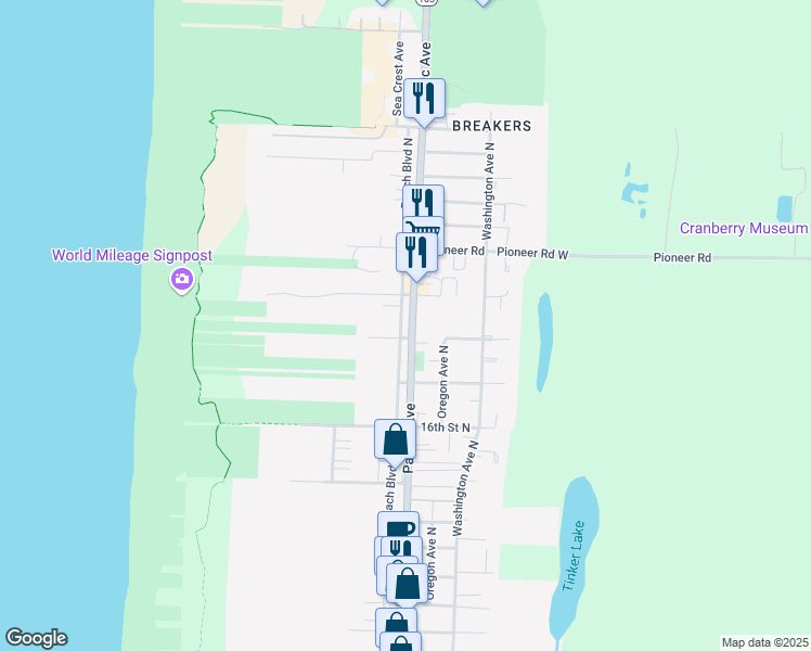 map of restaurants, bars, coffee shops, grocery stores, and more near 1715a Ocean Beach Boulevard North in Long Beach