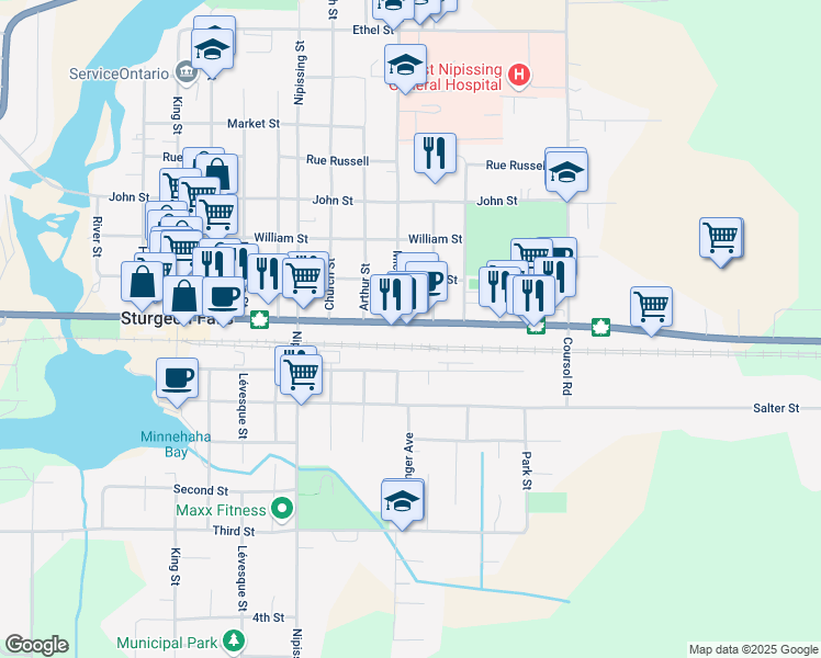 map of restaurants, bars, coffee shops, grocery stores, and more near 162 Front Street in West Nipissing
