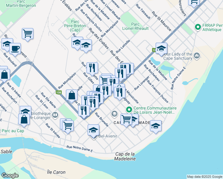 map of restaurants, bars, coffee shops, grocery stores, and more near 165 Boulevard Sainte Madeleine in Trois-Rivières