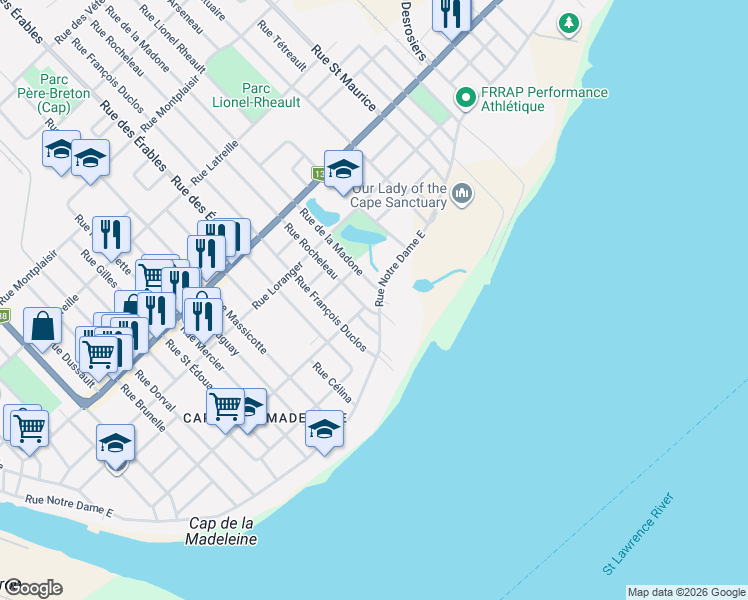 map of restaurants, bars, coffee shops, grocery stores, and more near 507 Rue Notre Dame Est in Trois-Rivières