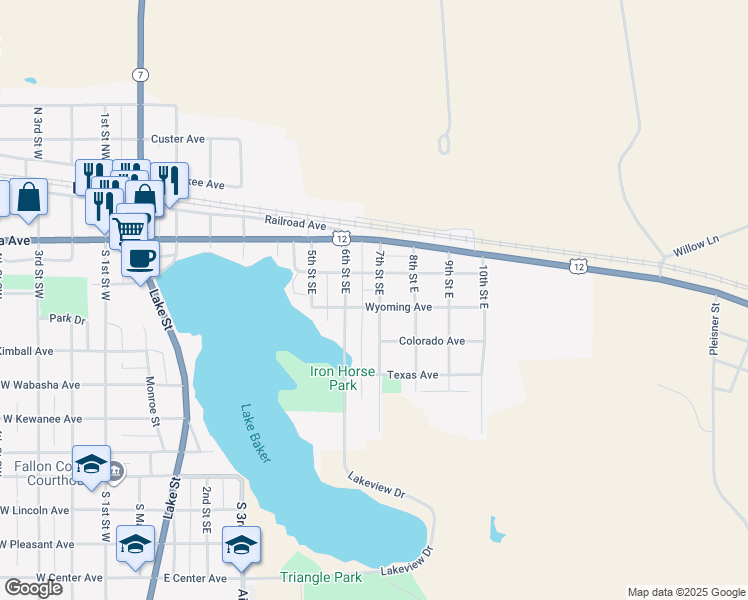 map of restaurants, bars, coffee shops, grocery stores, and more near 214-298 7th Street East in Baker