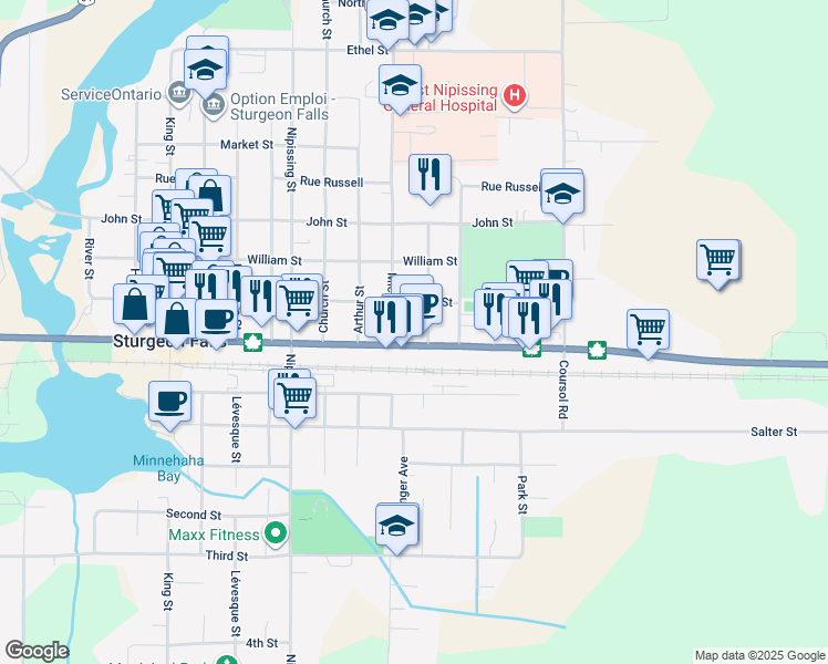 map of restaurants, bars, coffee shops, grocery stores, and more near 162 Front Street in West Nipissing