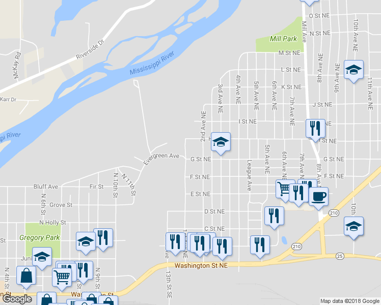 map of restaurants, bars, coffee shops, grocery stores, and more near 712 1st Avenue Northeast in Brainerd