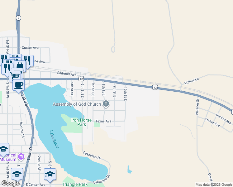 map of restaurants, bars, coffee shops, grocery stores, and more near 210 9th Street East in Baker