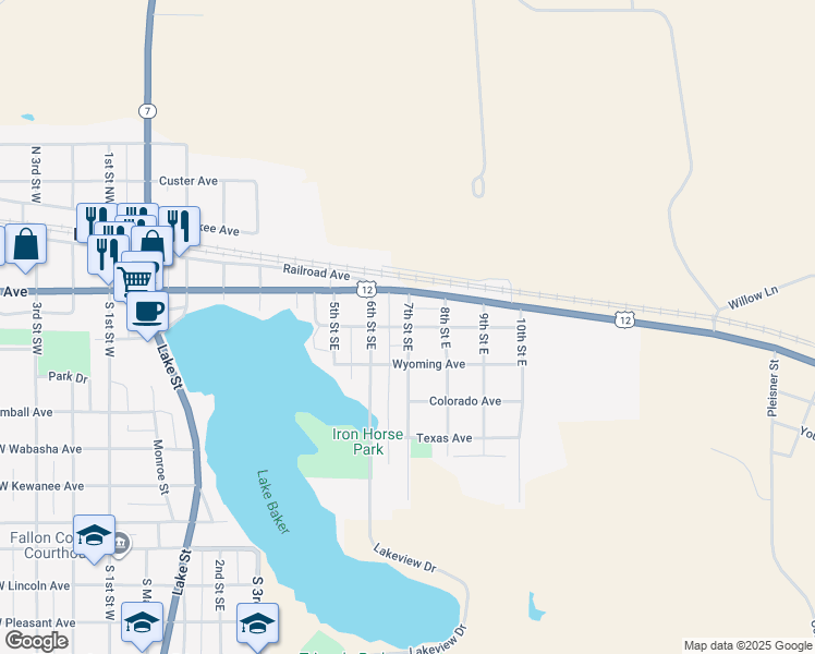 map of restaurants, bars, coffee shops, grocery stores, and more near 214 7th Street Southeast in Baker