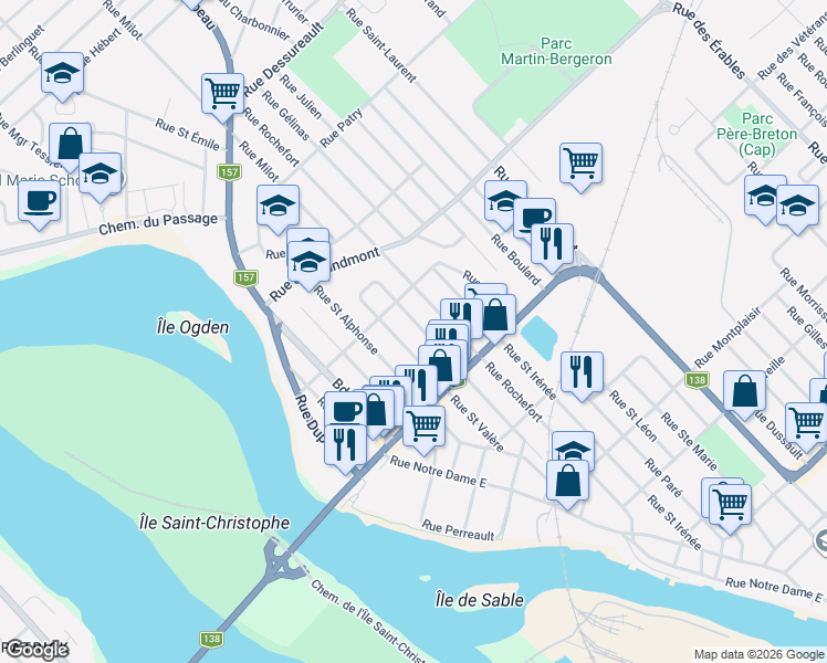 map of restaurants, bars, coffee shops, grocery stores, and more near 139 Rue Beauchemin in Trois-Rivières