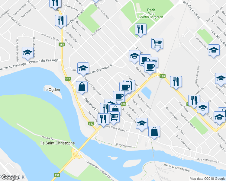map of restaurants, bars, coffee shops, grocery stores, and more near 135 Rue Beauchemin in Trois-Rivières
