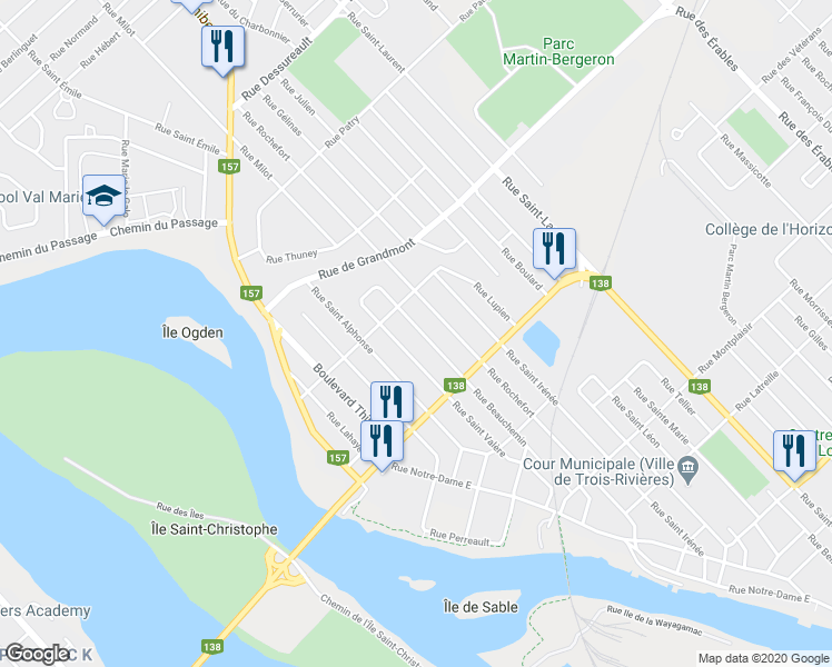 map of restaurants, bars, coffee shops, grocery stores, and more near 139 Rue Beauchemin in Trois-Rivières