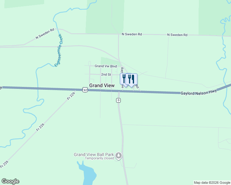 map of restaurants, bars, coffee shops, grocery stores, and more near 22195 US Highway 63 in Grand View