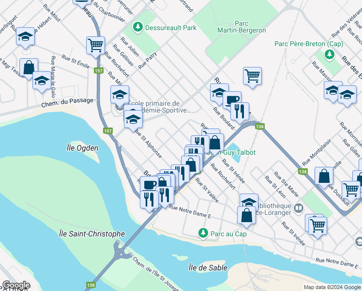 map of restaurants, bars, coffee shops, grocery stores, and more near 144 Rue Beauchemin in Trois-Rivières