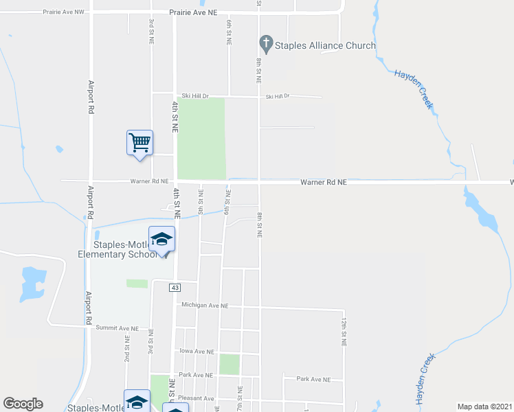 map of restaurants, bars, coffee shops, grocery stores, and more near 1200 8th Street Northeast in Staples