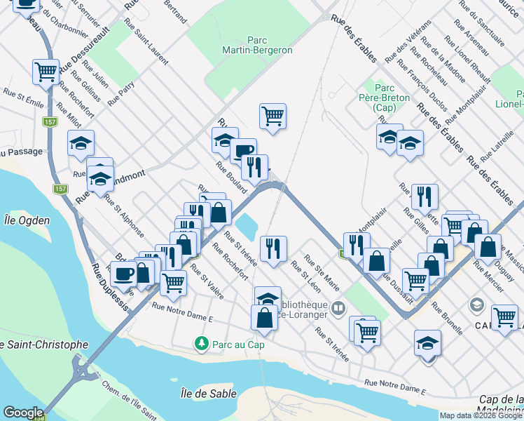 map of restaurants, bars, coffee shops, grocery stores, and more near 190 Rue Fusey in Trois-Rivières