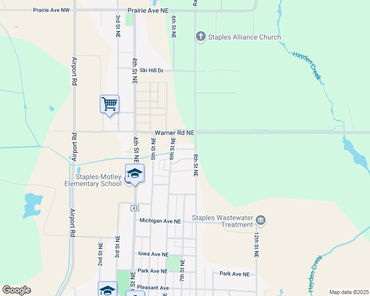 map of restaurants, bars, coffee shops, grocery stores, and more near 1200 8th Street Northeast in Staples