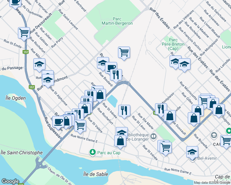 map of restaurants, bars, coffee shops, grocery stores, and more near 193 Rue Fusey in Trois-Rivières