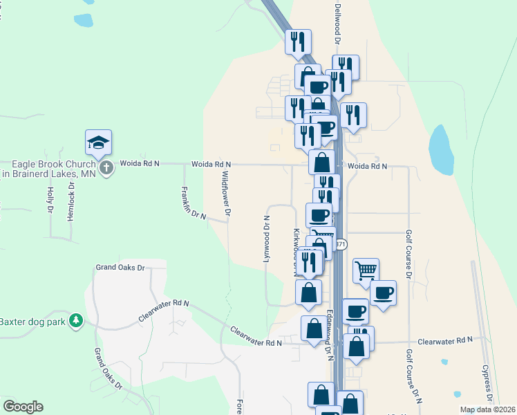 map of restaurants, bars, coffee shops, grocery stores, and more near 14875 Lynwood Drive North in Baxter