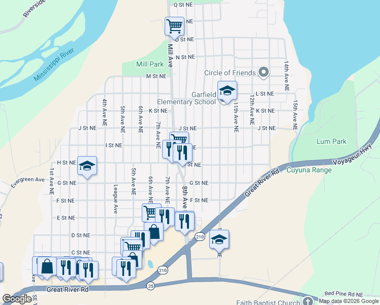 map of restaurants, bars, coffee shops, grocery stores, and more near 818 8th Avenue Northeast in Brainerd