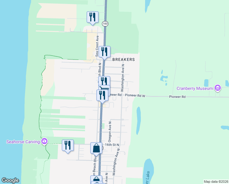 map of restaurants, bars, coffee shops, grocery stores, and more near 202 Pioneer Road in Long Beach