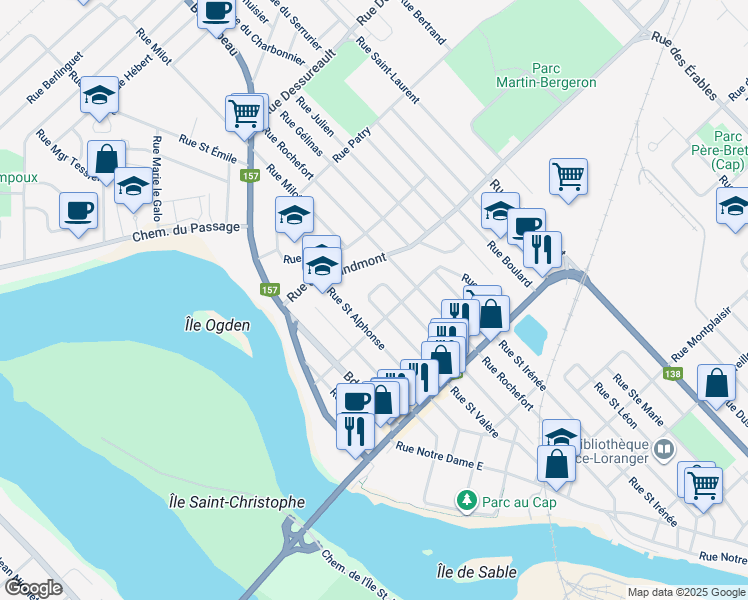 map of restaurants, bars, coffee shops, grocery stores, and more near 150 Rue Saint Valère in Trois-Rivières