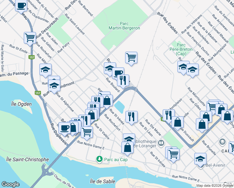 map of restaurants, bars, coffee shops, grocery stores, and more near 193 Rue Fusey in Trois-Rivières