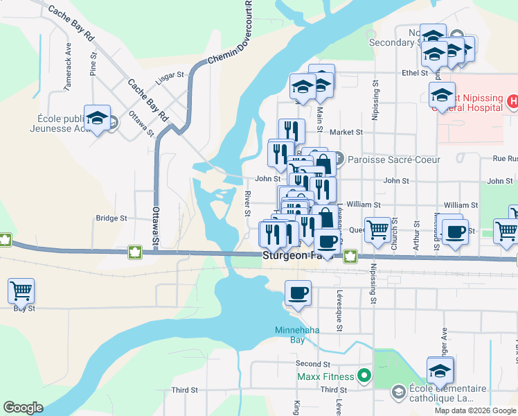map of restaurants, bars, coffee shops, grocery stores, and more near 20 William Street in West Nipissing