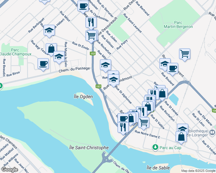 map of restaurants, bars, coffee shops, grocery stores, and more near 8 Rue de Grandmont in Trois-Rivières