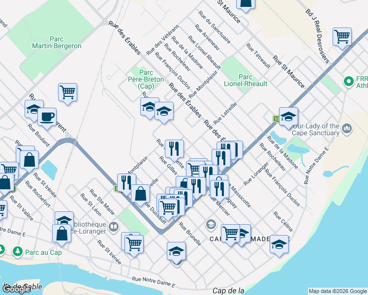 map of restaurants, bars, coffee shops, grocery stores, and more near 237 Rue Latreille in Trois-Rivières