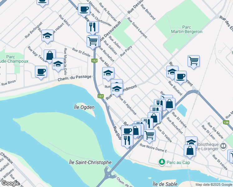 map of restaurants, bars, coffee shops, grocery stores, and more near 175 Rue Saint Alphonse in Francheville