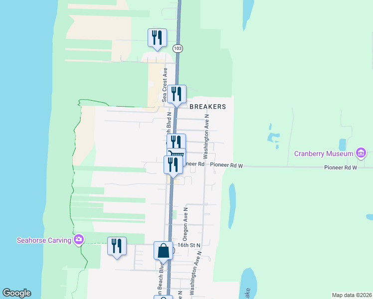 map of restaurants, bars, coffee shops, grocery stores, and more near 105 22nd Street Northeast in Long Beach
