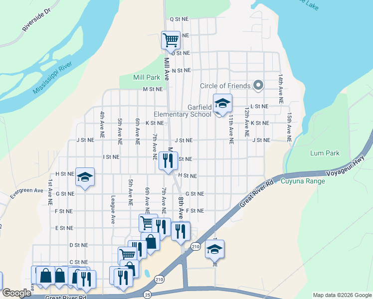 map of restaurants, bars, coffee shops, grocery stores, and more near 818 8th Avenue Northeast in Brainerd