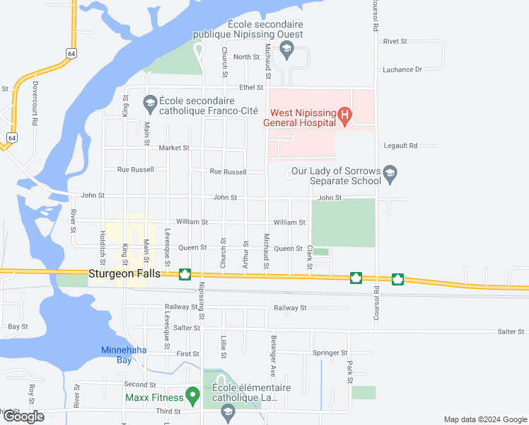 map of restaurants, bars, coffee shops, grocery stores, and more near 177 Michaud Street in West Nipissing