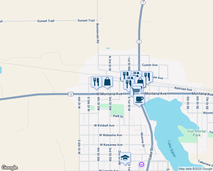 map of restaurants, bars, coffee shops, grocery stores, and more near 218 Railroad Avenue in Baker