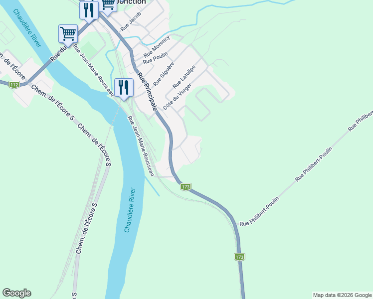 map of restaurants, bars, coffee shops, grocery stores, and more near 495 Rue Bellevue in Vallée-Jonction