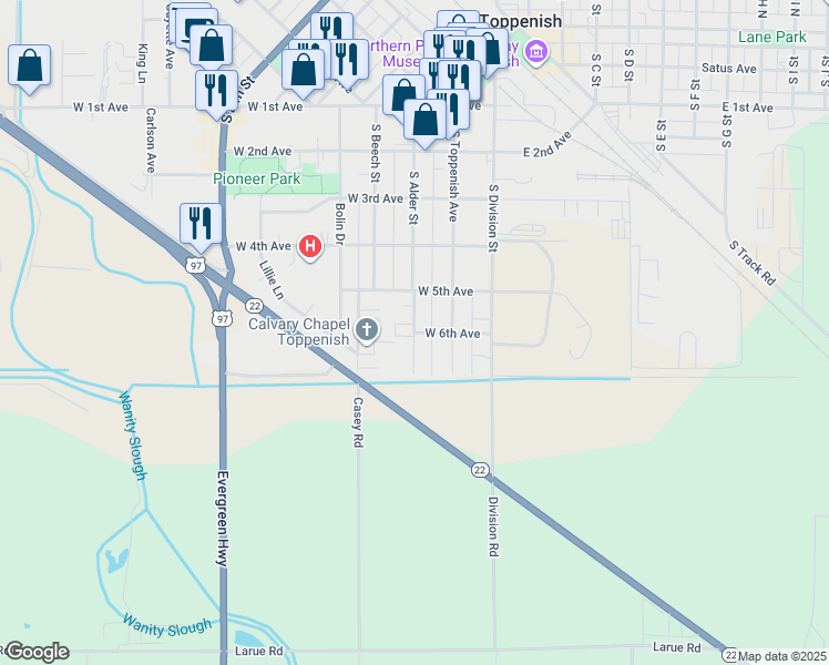 map of restaurants, bars, coffee shops, grocery stores, and more near 101 West 6th Avenue in Toppenish