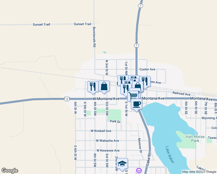 map of restaurants, bars, coffee shops, grocery stores, and more near 218 Railroad Avenue in Baker