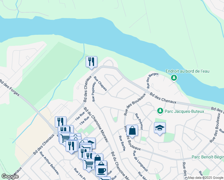 map of restaurants, bars, coffee shops, grocery stores, and more near 315 Rue Matteau in Trois-Rivières