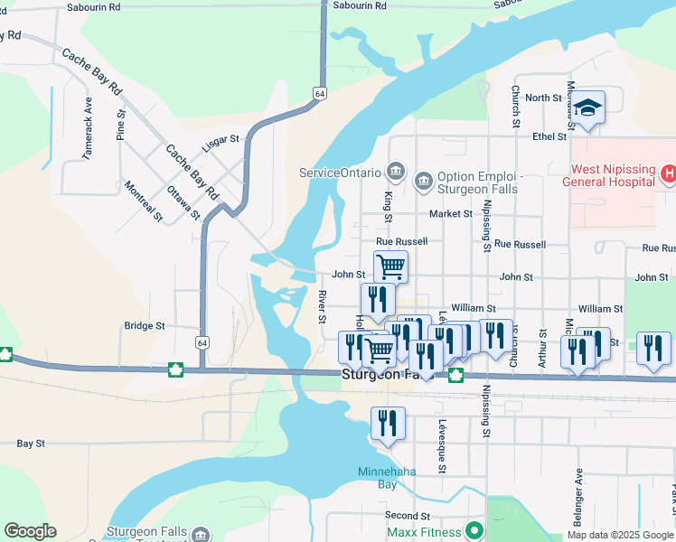 map of restaurants, bars, coffee shops, grocery stores, and more near 21 John Street in West Nipissing