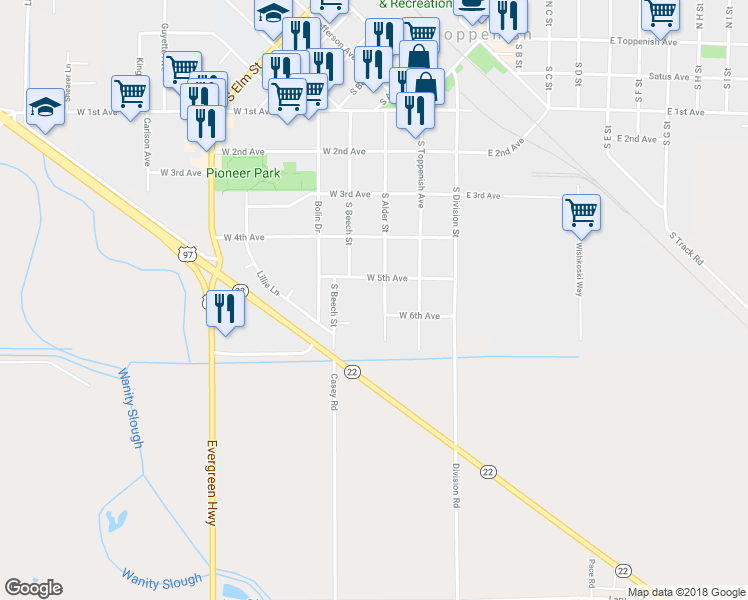 map of restaurants, bars, coffee shops, grocery stores, and more near 611 South Alder Street in Toppenish