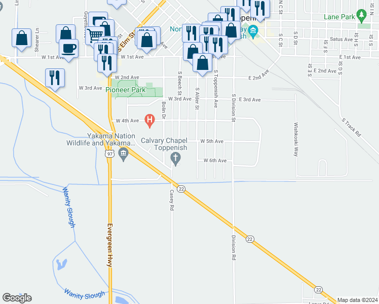 map of restaurants, bars, coffee shops, grocery stores, and more near 613 South Alder Street in Toppenish