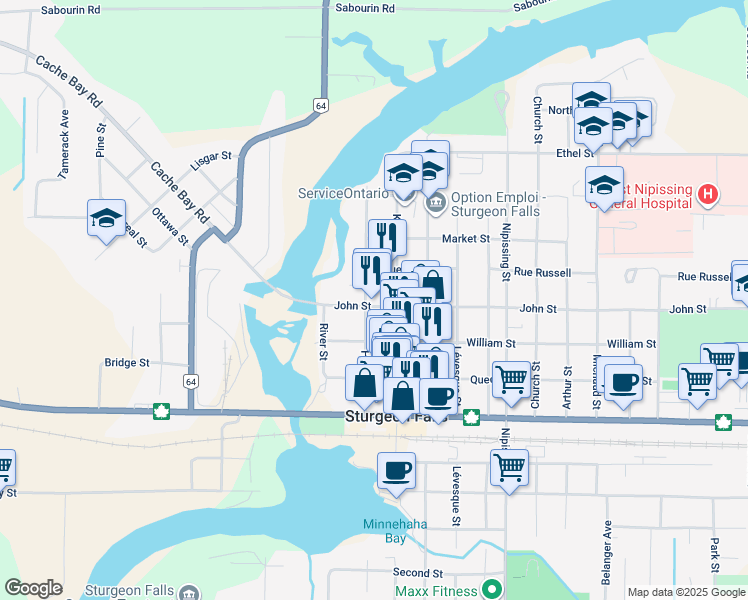 map of restaurants, bars, coffee shops, grocery stores, and more near 37 John Street in West Nipissing
