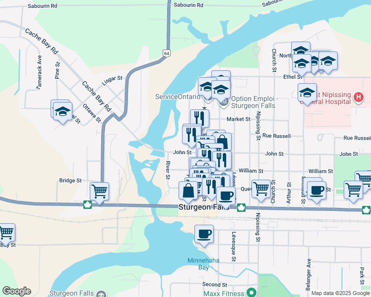 map of restaurants, bars, coffee shops, grocery stores, and more near 37 John Street in West Nipissing