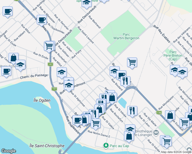 map of restaurants, bars, coffee shops, grocery stores, and more near 85 Rue de Grandmont in Trois-Rivières