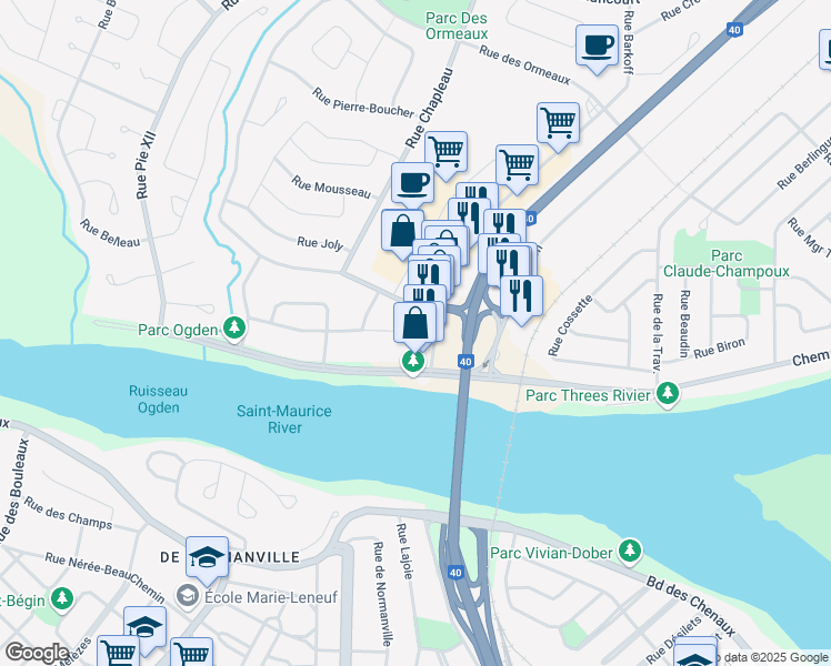 map of restaurants, bars, coffee shops, grocery stores, and more near 8 Rue de Boucherville in Trois-Rivières