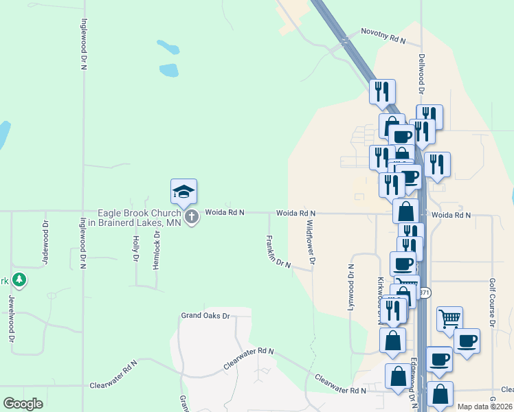 map of restaurants, bars, coffee shops, grocery stores, and more near 7010 Woida Road North in Baxter