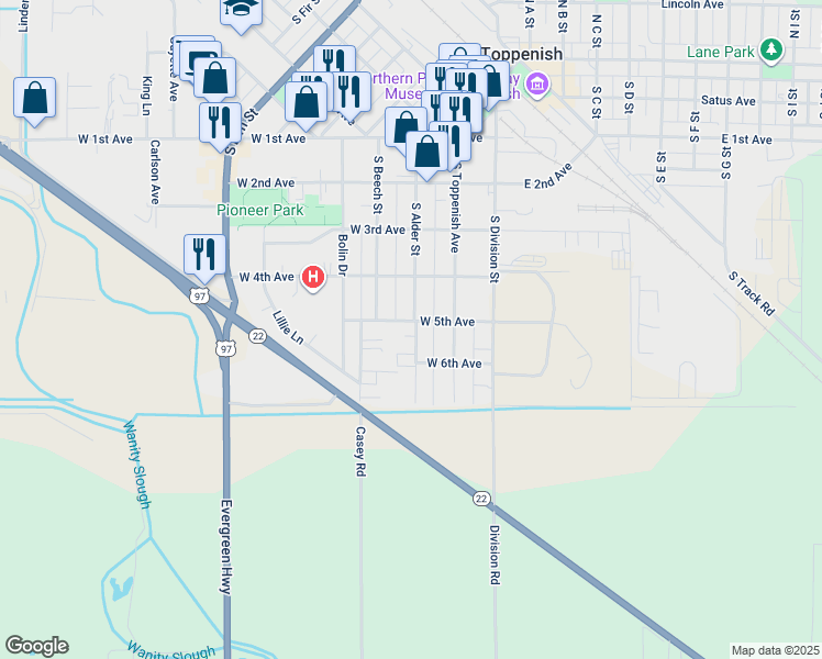 map of restaurants, bars, coffee shops, grocery stores, and more near 611 South Alder Street in Toppenish